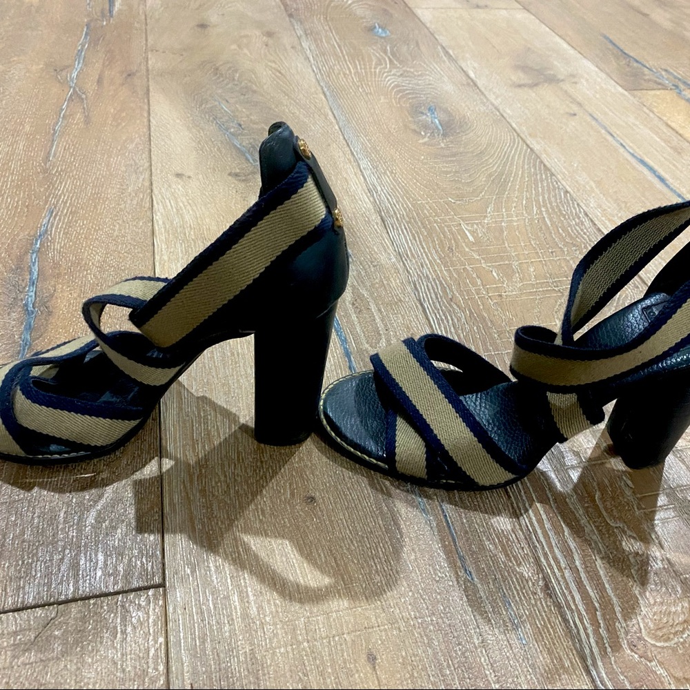 Tory Burch Laurie High Heel Navy Blue Stripe Strappy Fabric Stretch Shoe Sandals